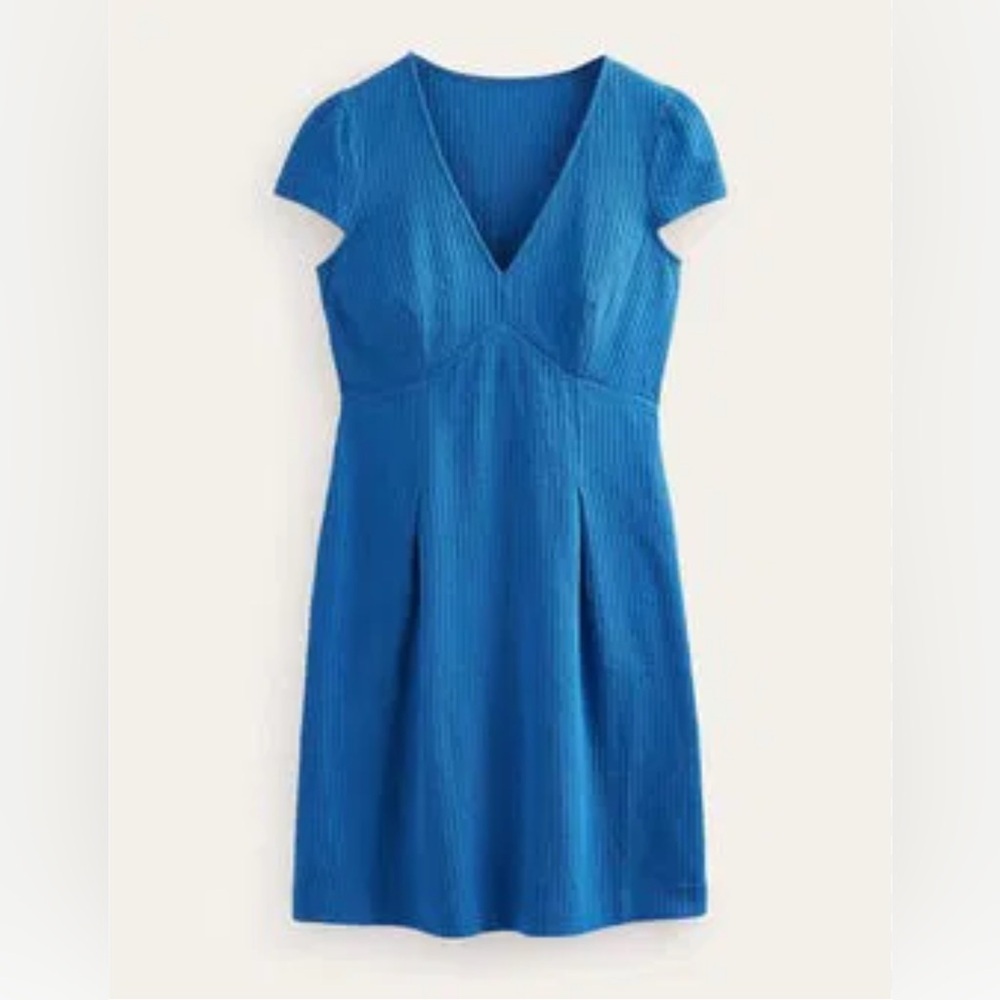 Boden Seersucker Jersey Tea Dress Cobalt Blue Cap Sleeve Knee Length Dress 8R - Picture 2 of 6